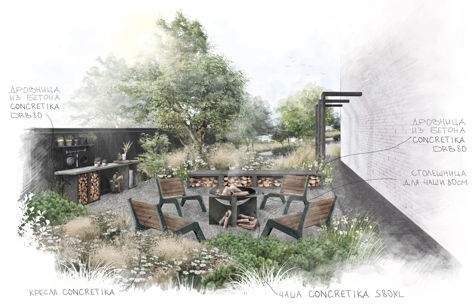 Проект костровой зоны CONCRETIKA: чаша S80XL на столешнице, кресла CONCRETIKA вокруг, бетонные дровницы DRB80