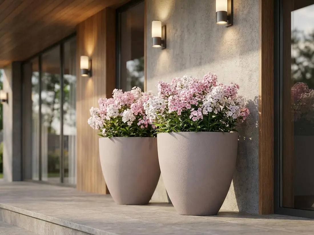 Пара кашпо цвета какао с цветущими растениями у бетонной стены дома, вечерняя подсветка